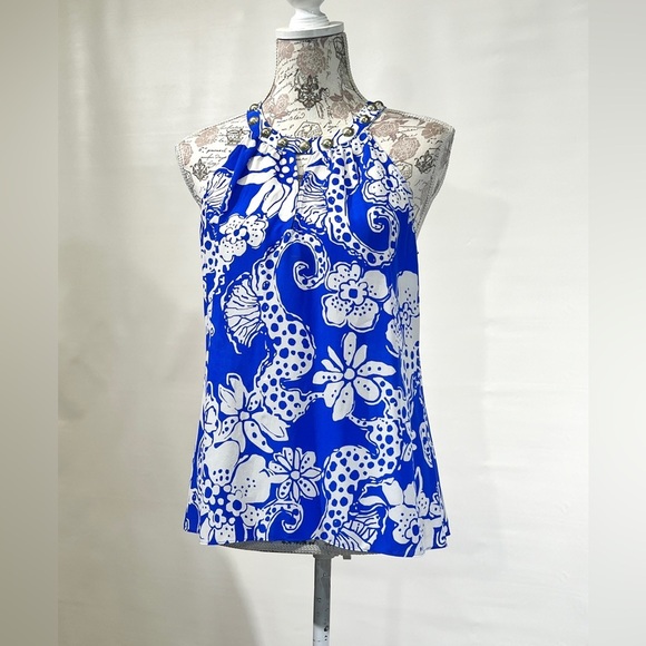 LILLY PULITZER‎ Royal blue Rogan 100% Silk Seahorse print studded top size S. - Picture 2 of 11